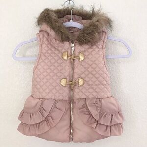 LITTLE LASS Dusty Rose Puffer Vest Faux Fur Trim